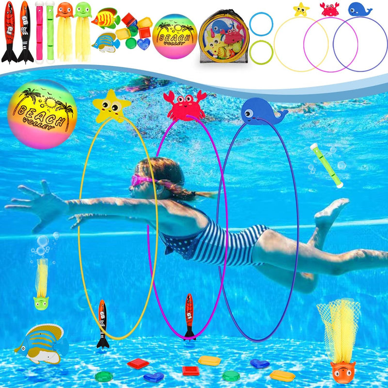 DAUXONE Diving Toys,27 Pcs Pool Toys with Diving Swim Thru Rings for Kids | Pool Games for Kids Age 3-12,31.4" Diving Rings,Dive Sticks,Diving Gem,Diving Octopus,Pool Torpedo,Pool Ball,Mesh Bag