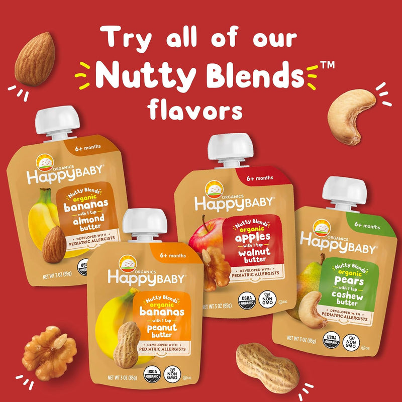 Happy Baby Organics Nutty Blends Stage 2, Bananas & Peanut Butter Organic Baby Food, Pack of 12 (3 oz each)