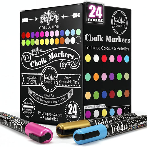 Loddie Doddie Chalk Markers - Pack of 24, 6mm Reversible Tips - Liquid Chalk Pens for Glass Surfaces & Windows - Erasable Pens for Chalkboard Calendar - Non-Toxic Chalkboard Markers