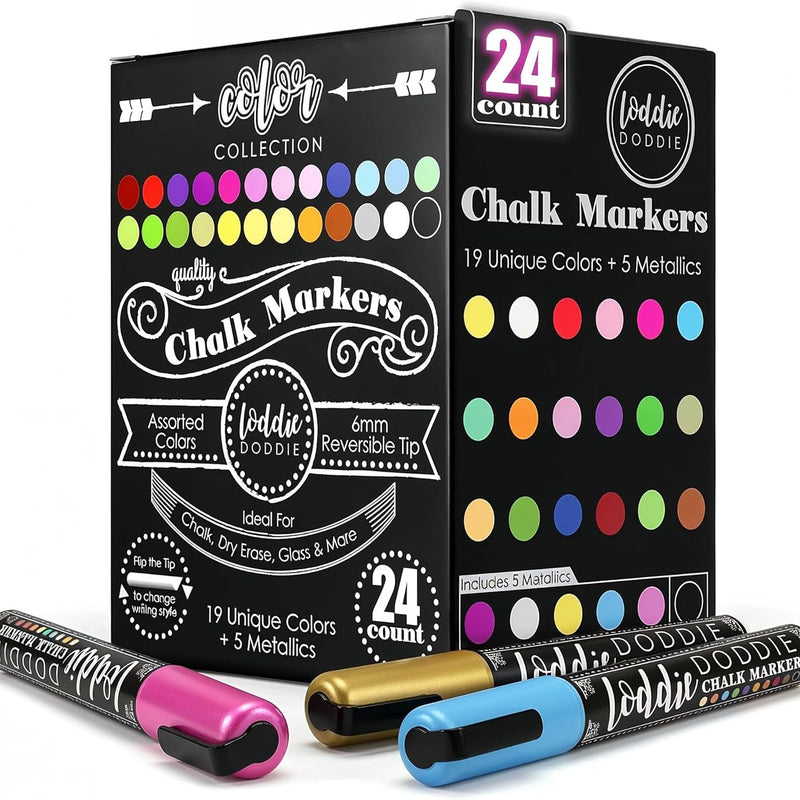 Loddie Doddie Chalk Markers - Pack of 24, 6mm Reversible Tips - Liquid Chalk Pens for Glass Surfaces & Windows - Erasable Pens for Chalkboard Calendar - Non-Toxic Chalkboard Markers