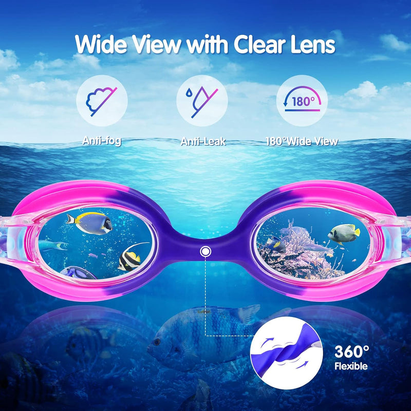 Kids Swim Goggles 2 Pack, Anti Fog No Leak Swimming Goggles for Boys Girls Ages 6-14, Wide View Swim Goggles Kids