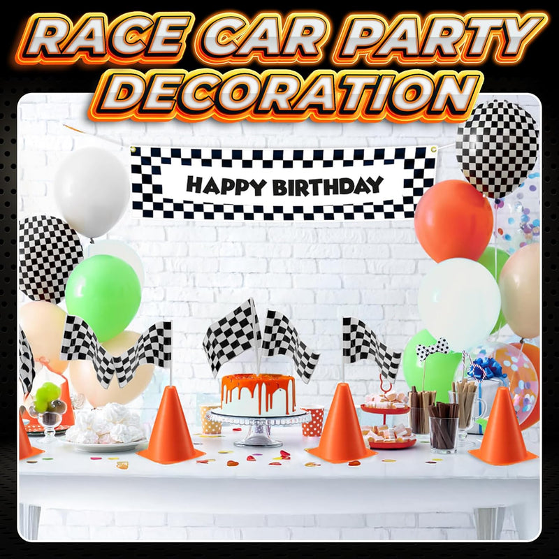 Bedwina Race Car Birthday Party Decorations - 36 Pcs, 12 Orange Mini Cones & 24 Black/White Checkered Flags