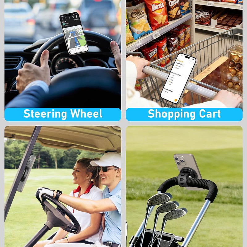 Stroller Phone Holder, Compatible with MagSafe, Magnetic Handlebar Mount | 17x N52 Strong Magnets, Fits Treadmills, Peloton, Shopping & Golf Carts, Adjustable Silicone Strap for iPhone 12-17 & Android