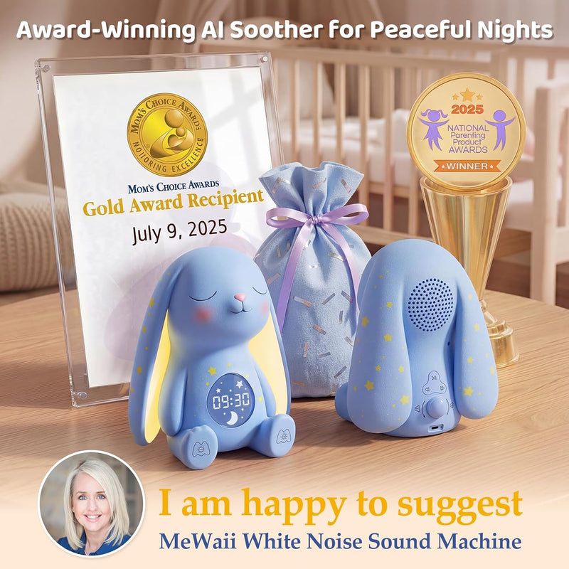 MeWaii Bunny White Noise Sound Machine, Newborn Baby Boy Gift, 100+ Sounds | Mom's Choice Award, AI Cry Detection, Full App Access Control, Night Light, Baby Shower Gifts for Boys, Nursery Essentials
