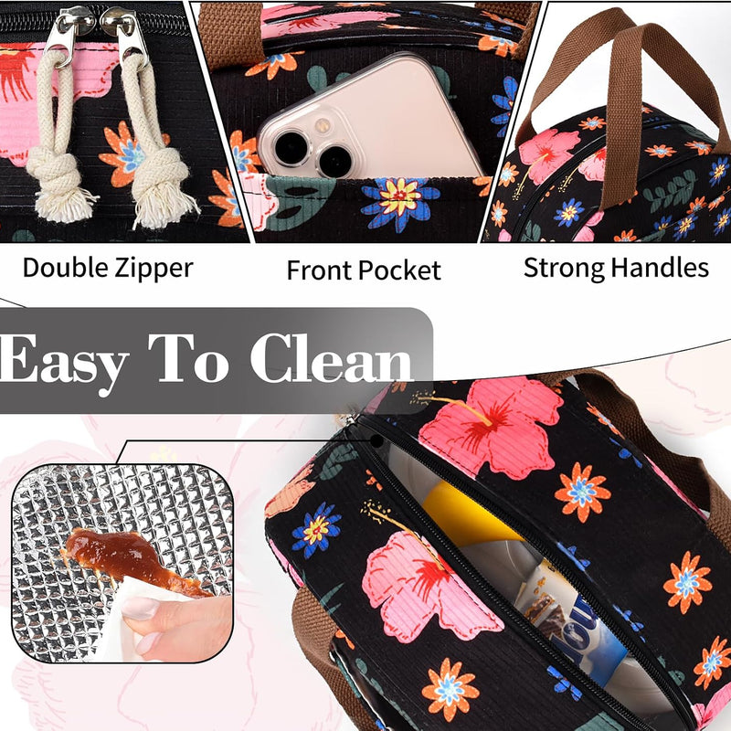 CaCTOUR Lunch Box for Women Girls Teens,Cute Lunch Box Cooler Bag, Portable Insulated Small Lunch Bag Women Reusable Corduroy Lunch Tote for Work/Travel/Picnic/School (Flower)