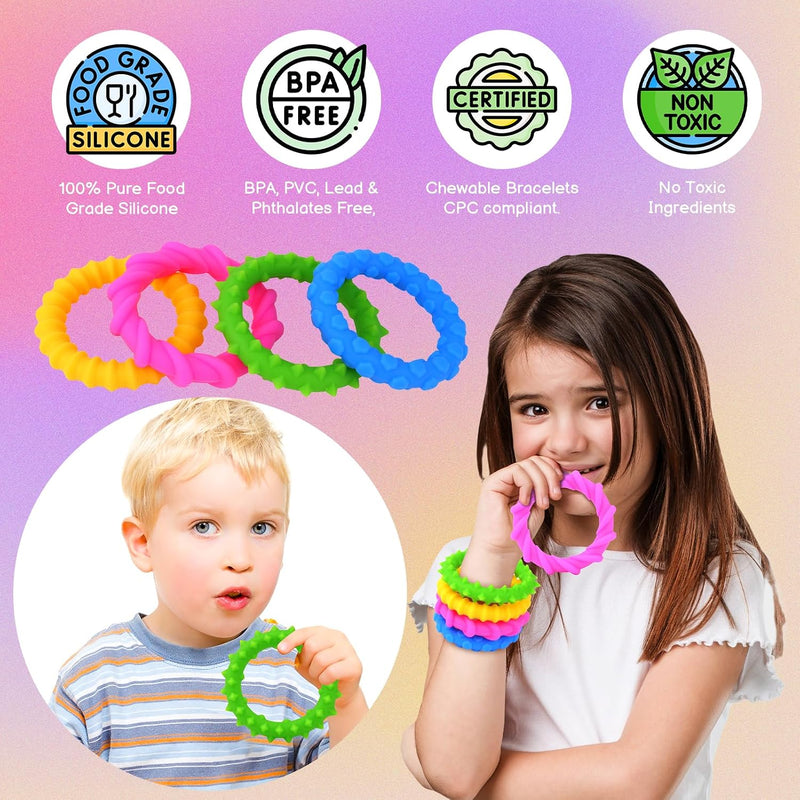 Sensory Fidget Toys Kids Toddlers - 4 Pack Chew Sensory Silicone Bracelets | Calming Autism Quiet Fidgets & Texture Stress Silent Toys for Classroom Prizes | Travel Gifts for Student Adults