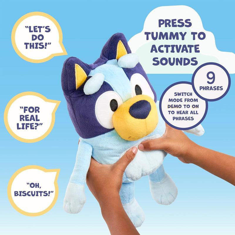 Bluey Sound Effects Talking Stuffed Plush, 13” Soft Musical Toys for Toddlers, Interactive Stuffed Animal with 9 Different Phrases, Musical Toys for Kids