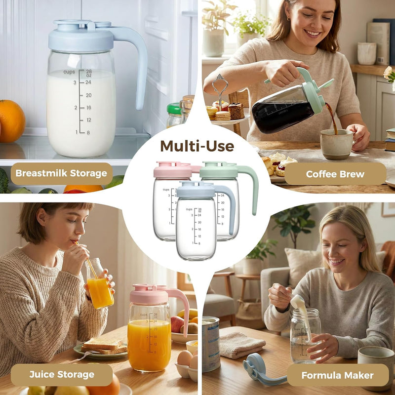 2 Pack Breast Milk Pitcher 32 OZ, Heat & Cold Resistant, Sudden Temperature Safe, Fast Baby Formula Maker with Wide Mouth, No Leak Glass Fridge Storage Container for Juice, Cold Brew-Blue, Green