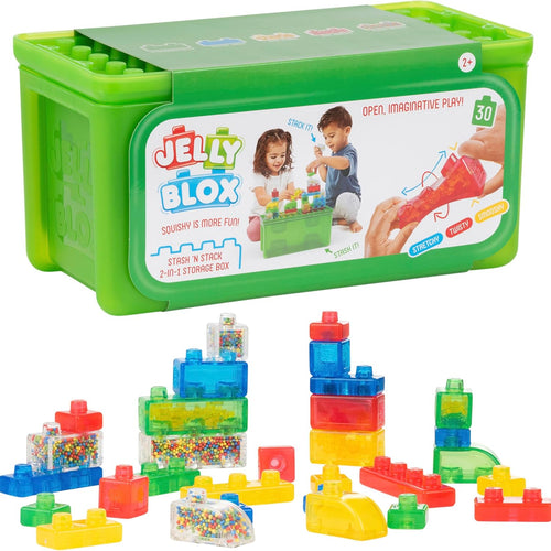 Jelly Blox Stash 'N Stack 2-in-1 Storage Case with 30 Blocks for Toddler Sensory Play Toy Ages 2+