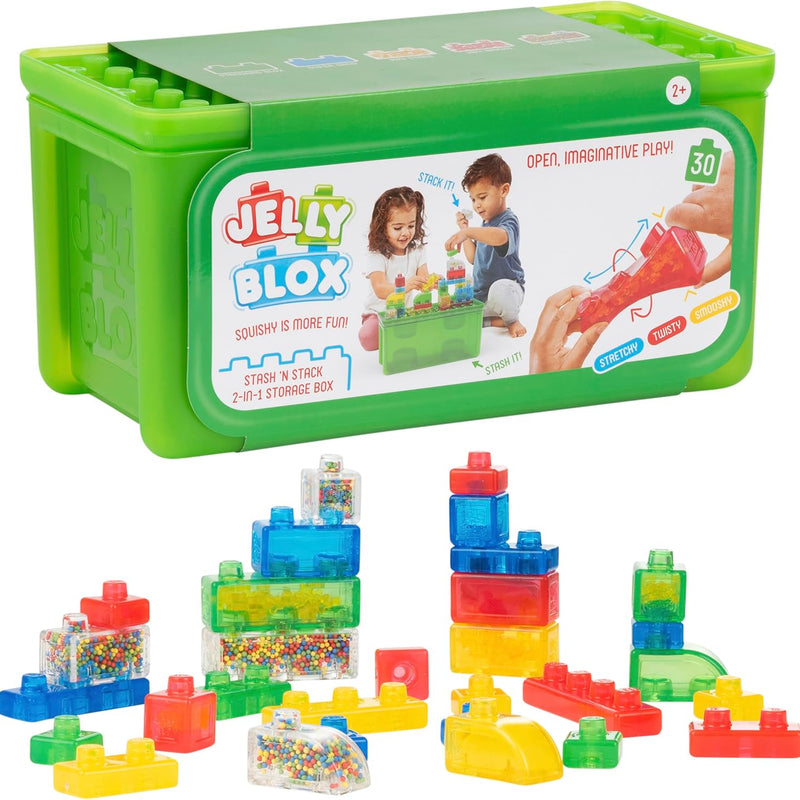 Jelly Blox Stash 'N Stack 2-in-1 Storage Case with 30 Blocks for Toddler Sensory Play Toy Ages 2+