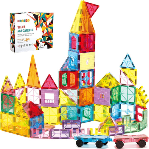 OugerToy 104PCS Magnetic Tiles STEM Building Blocks for Kids Ages 3-9, Educational Stacking Toys with Car Bases