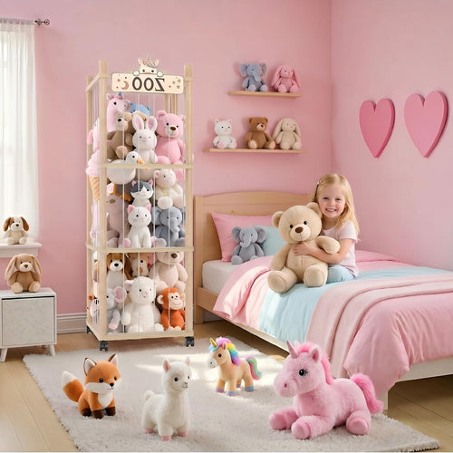 Stuffed Animal Storage Zoo Tower,56In Wooden Large Stuffed Animal Holder Organizer with Wheels,Stuffy Plushies Storage with Elastic Band&Mesh Bottom,Toy Storage Organizers for Playroom Bedroom Nursery