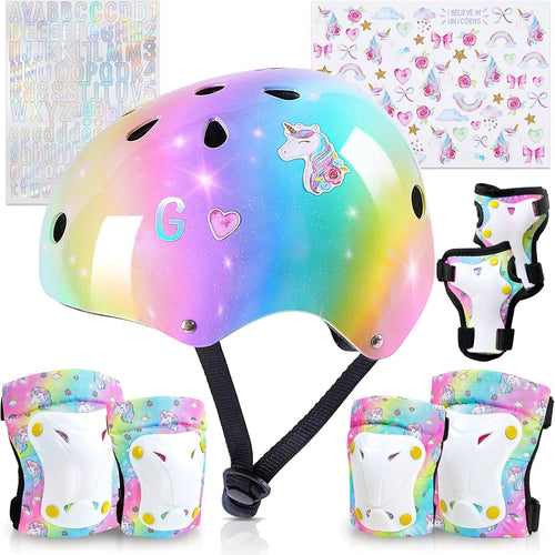 Kids Unicorn Helmet Set for Girls Age 3-8, Adjustable Protective Gear with Stickers for Roller Skates, Bicycle, Skateboarding, Scooter, Multiple Sports