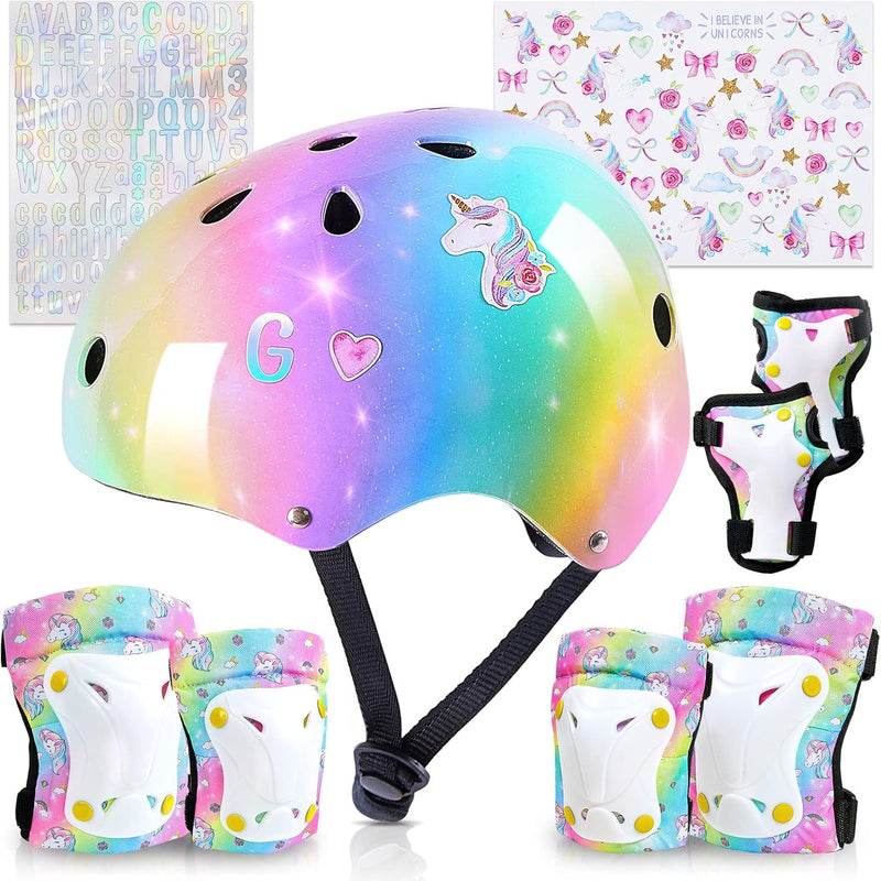 Kids Unicorn Helmet Set for Girls Age 3-8, Adjustable Protective Gear with Stickers for Roller Skates, Bicycle, Skateboarding, Scooter, Multiple Sports