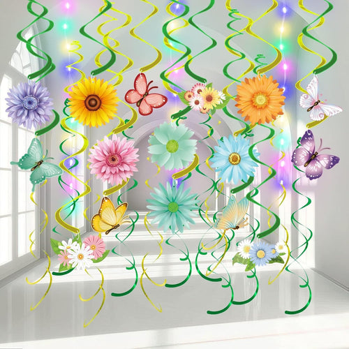 33pcs Spring Flower & Butterfly Hanging Decorations with LED Lights for Easter, Birthday Parties, and Home Decor
