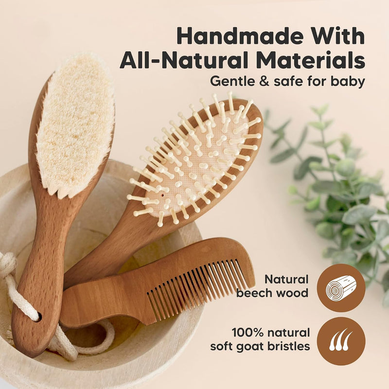 Wooden Baby Hair Brush Set for Newborns, Toddler Comb (Dark Walnut, Regular) | Soft Goat Bristle, Baby Brush and Comb Set, Infant Grooming Kit, Cradle Cap Care, Durable & Gentle, Boy, Girl Bath Essential