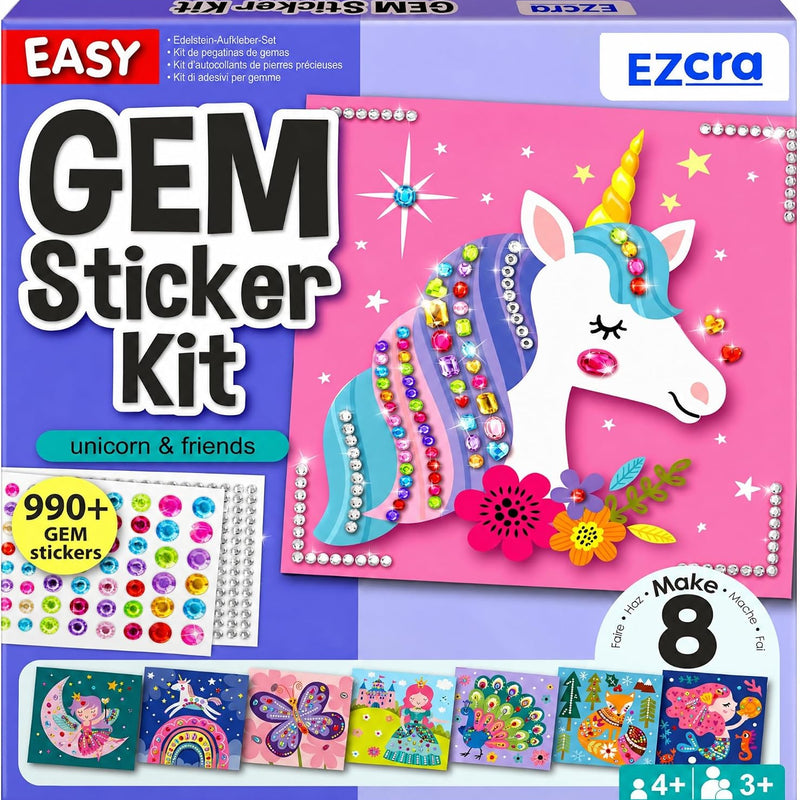 EZCRA Gem Sticker Kit for Kids - 990+ Stickers, 8 Unicorn Princess Themes | Diamond Art Stickers and Gem Craft Set. Mess-Free and DIY Arts and Crafts. Birthday and Holiday Gift for Girls Ages 3-8.