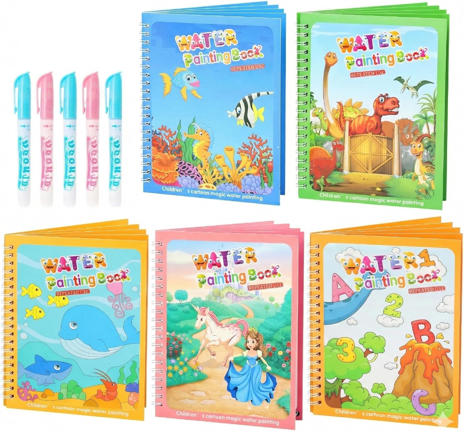 5-Pack Reusable Water Coloring Books for Toddlers, Mess-Free Portable ...