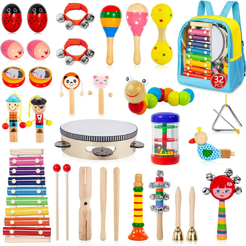 Toddler 32-PC wooden percussion instruments set for kids musical learning and education