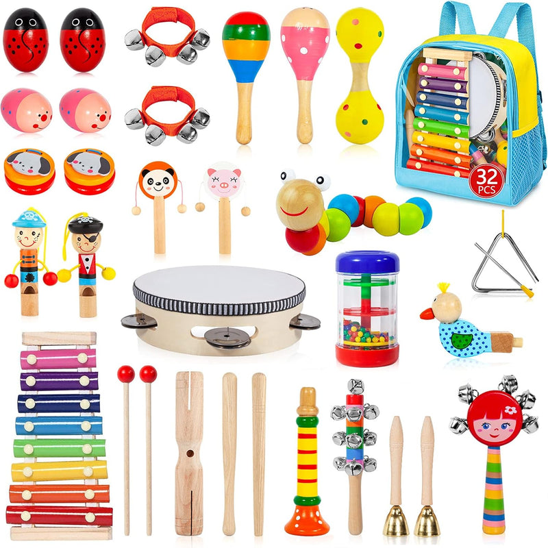 Toddler 32-PC wooden percussion instruments set for kids musical learning and education