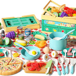 130Pcs Kitchen Playset, Toddler Pretend Cooking Play Pots, Pans, Utensils Cookware, Daily Food Fruit Veges, Shopping Storage Basket, Dessert, Prop Money, Learning Gift for Child (Blue)