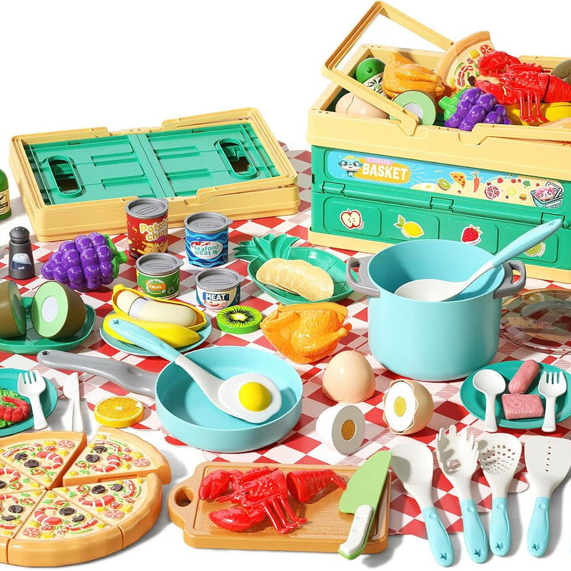 130Pcs Kitchen Playset, Toddler Pretend Cooking Play Pots, Pans, Utensils Cookware, Daily Food Fruit Veges, Shopping Storage Basket, Dessert, Prop Money, Learning Gift for Child (Blue)
