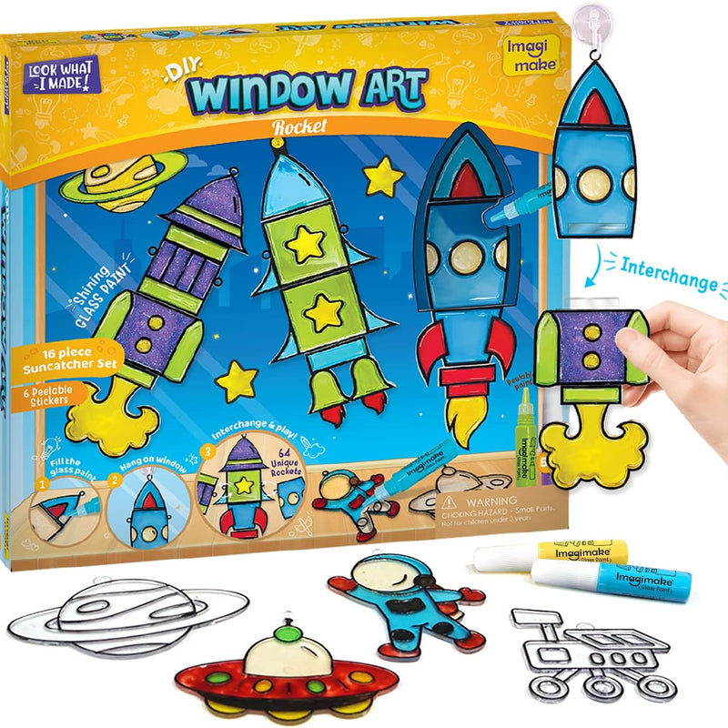 Imagimake Window Art - Rocket, DIY Mess-Free 16 Pieces Suncatcher Kit | Stained Glass Painting Craft Activity for Kids, Birthday Gift for Boys & Girls Ages 5,6,7,8,9,10,12 Years Old