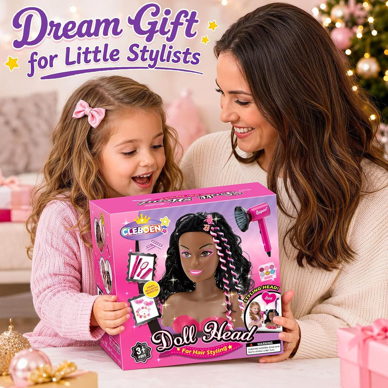 Cleboen Hair Styling Doll Head for Girls, Pretend Play Beauty Salon Makeup Kit with Hair Dryer, Straightener & Real Nail Polish, 35PCS Hair Accessories Playset, Birthday Gifts for Girls Age 4-6 6-8
