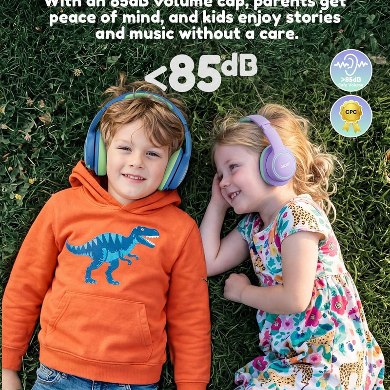 Acer OHR702 Kids Bluetooth Headphones for School with Built-in Mic,Over-Ear | 75H Playtime, Bluetooth 6.0, 3.5mm Jack Aux Cord, 85dBA Safe Volume, USB-C Fast Charging, for iPad/Travel/Tablet- Blue Green