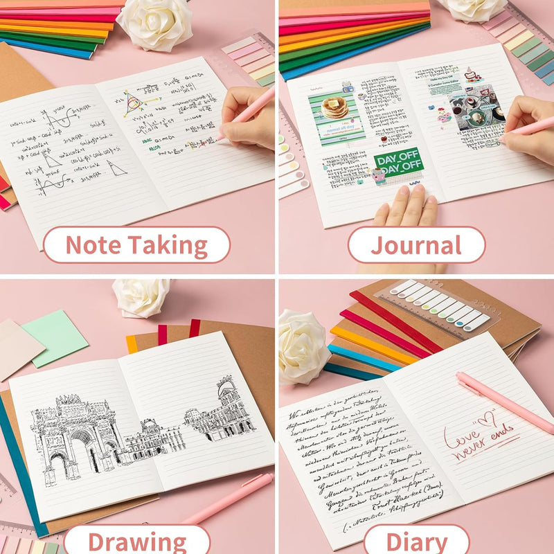 30 Pack Lined Notebook Journals Bulk, A5 College Ruled Composition Notebook, 8.3”x 5.5”,Kraft Cover with Rainbow Spines, 15 Colors 60 Pages for School Office Travel
