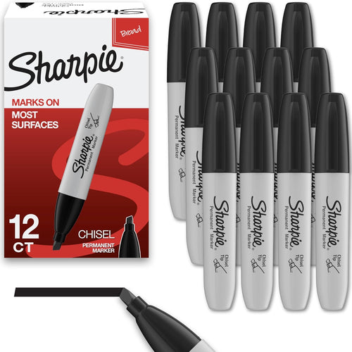 Sharpie Permanent Markers, Chisel Tip, Black, 12 Count - Home, School, Office Supplies