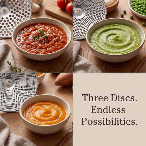 Hungry Artisan Stainless Steel Food Mill for Tomato Sauce & Canning | Great for tomato sauce, applesauce, baby food, mashed potatoes, puree, and canning, 3 interchangeable discs, dishwasher-safe