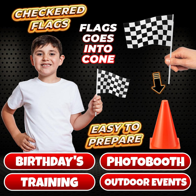 Bedwina Race Car Birthday Party Decorations - 36 Pcs, 12 Orange Mini Cones & 24 Black/White Checkered Flags