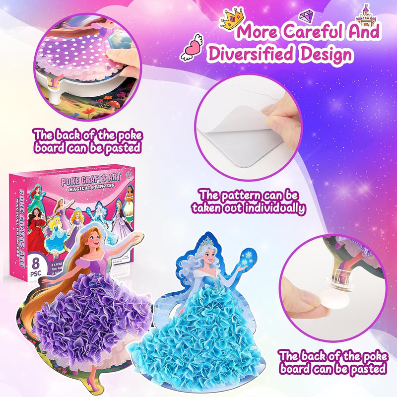 8PCS Poke Art Kits - Magical Princesses, Mess-Free Fabric Creative Art, DIY Arts and Crafts Toys for Kids Ages 3-12, Birthday Gifts & Party Favors for Girls & Boys 4, 5, 6, 7, 8, 9 Years Old