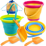 Foldable Beach Bucket Set - 3 Packs Collapsible Toy Buckets with Shovels and Mesh Backpack