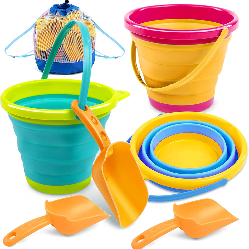 Foldable Beach Bucket Set - 3 Packs Collapsible Toy Buckets with Shovels and Mesh Backpack