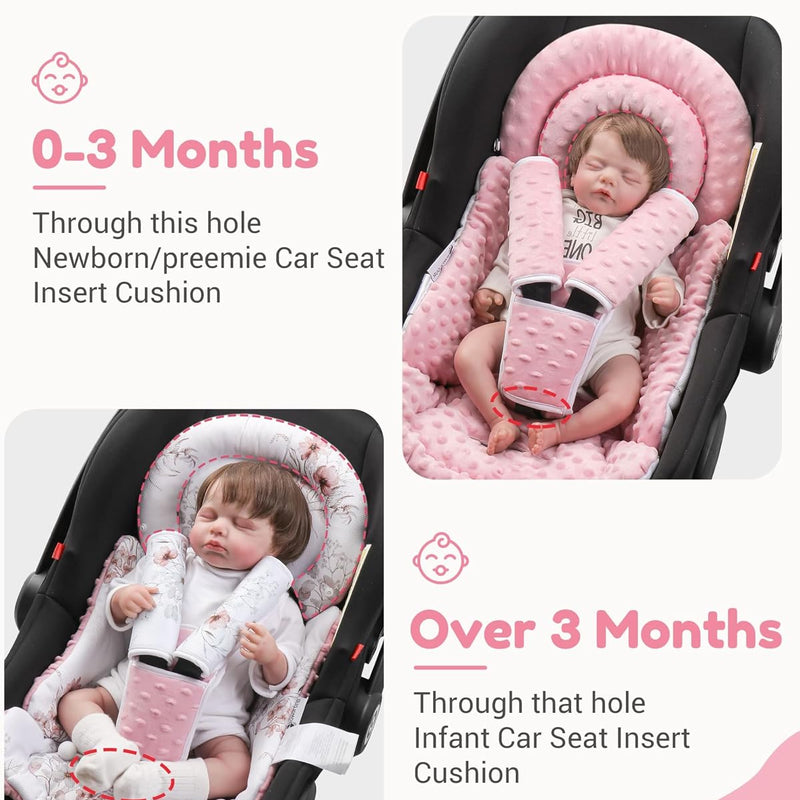 BOMOLOUR Infant Car Seat Insert for Baby Head Body Support, Pink | Reversible, Adjustable For 0-24 Months, Versatile Fits For Baby Car Seat ,Stroller, Swing, For Preemie, Newborn, Infant
