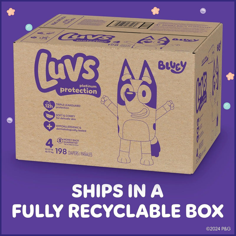 Luvs Size 4 Baby Diapers, Platinum Protection Bluey Diapers for Day & Night,Size 4 (22-37 lbs), 198 Count