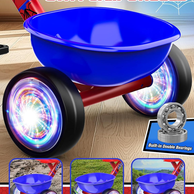 Stable Spider Toddler Tricycle for 1-5 Year Olds with Colorful Lighting, Large Basket & Thickened Noiseless Wheels