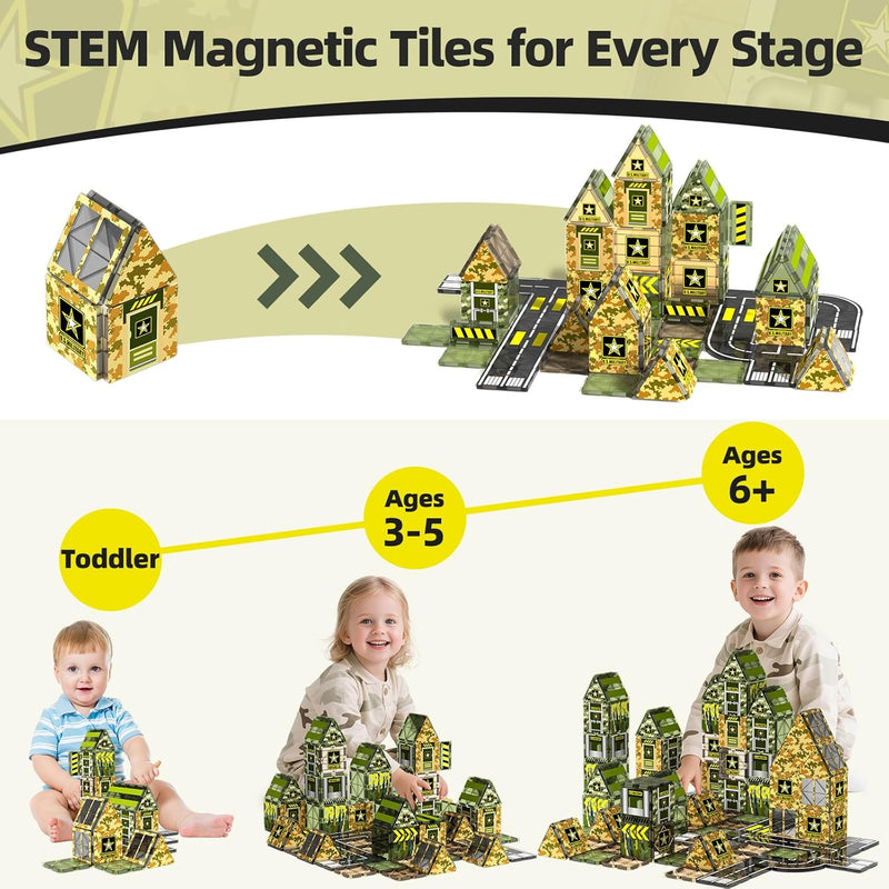 GobiDex Magnetic Tiles Expansion Pack for Kids 3-8, Army Building Blocks with STEM Learning and Sensory Play