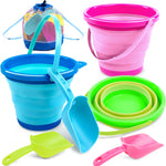 Foldable Beach Bucket Set - 3 Packs Collapsible Toy Buckets with Shovels and Mesh Backpack