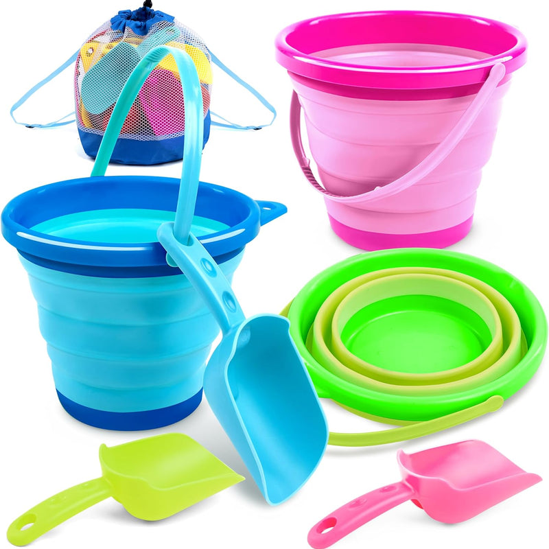 Foldable Beach Bucket Set - 3 Packs Collapsible Toy Buckets with Shovels and Mesh Backpack