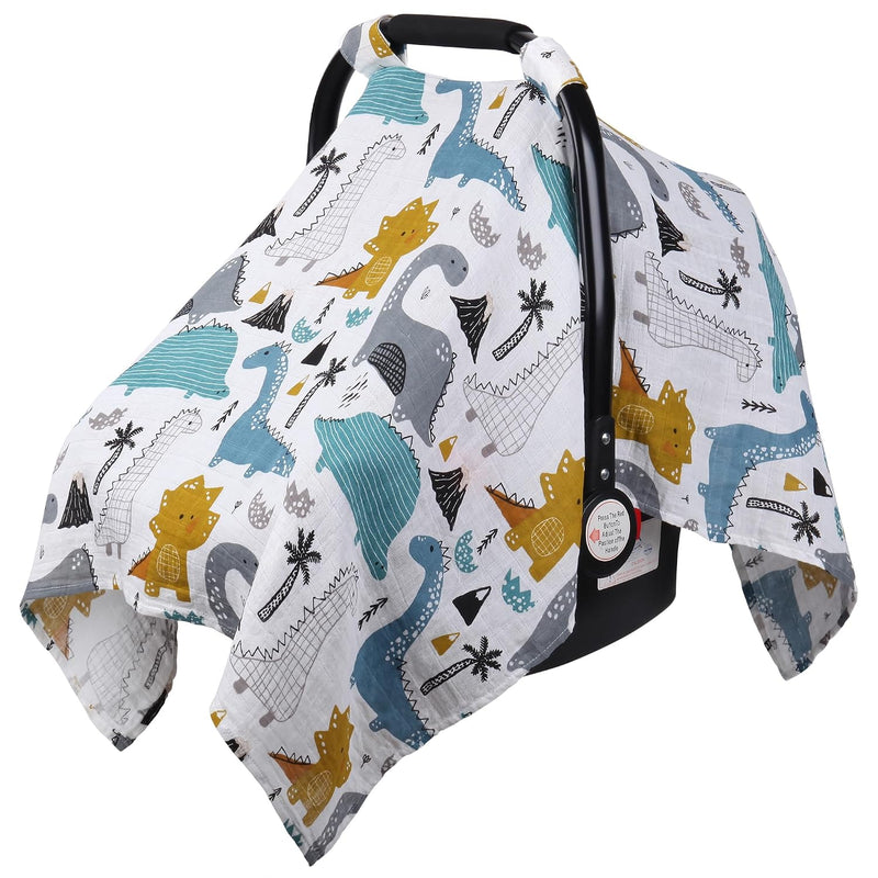 Rquite Car Seat Cover Baby Boy, Breathable Muslin Infant Carseat Canopy | 100% Muslin Cotton, Lightweight Breathable Soft, 47.2″ × 35.4″ Large Size, Stroller Sun Shade for Summer Hot Day, Dinosaur