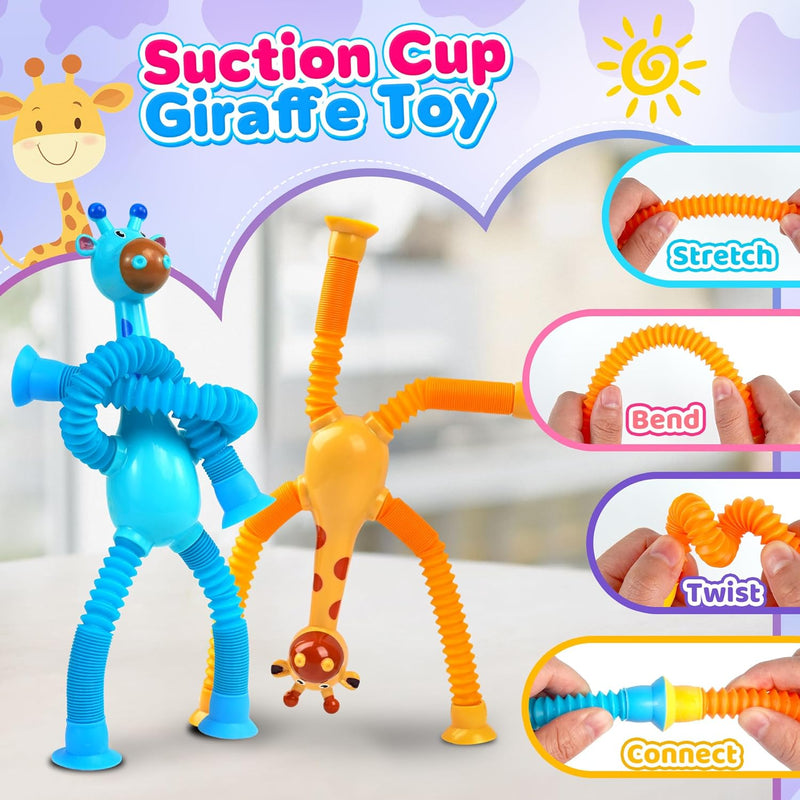Giraffe Sensory Travel Toys 4Pcs for Roadtrip Car Ride Airplane Toddler Girl Year Old Ages 2 3 4 5 6 7 8, Suction Autism Pop Tube Fidget Toy Autistic Valentines Day Stocking Easter Basket Stuffer Gift