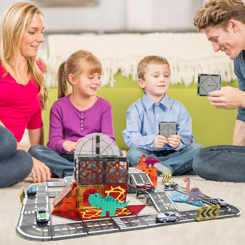 Magnetic Tiles Road Set with Pullback Car, Compatible with Major Brands, Ages 4-8, STEM Building Toy for Kids