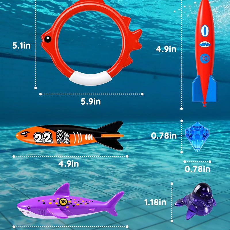 20Pcs Summer Pool Diving Swimming Toys for Kids Ages 3-12, Fun Swim Games Sinking Set, Underwater Dive Gifts with Storage Bag Include Torpedo Gems Shark Rings Sea Animals for Boys Girls