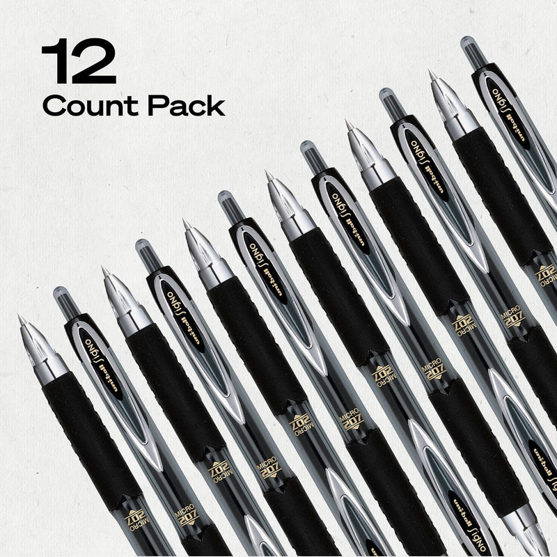 uniball™ 207 Gel Pens, Black Ink, 0.5mm Micro Point, Retractable, 12 Count, Smooth Writing, Fraud-Resistant, uni Super Ink™