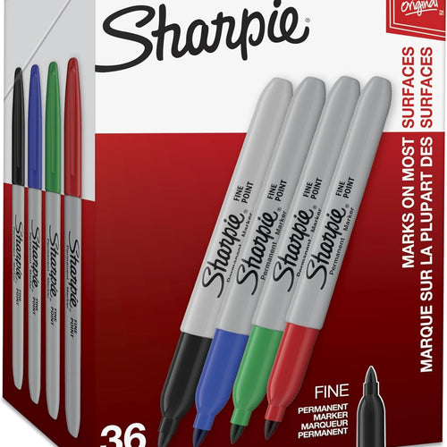 Sharpie Permanent Markers, Fine Point, Assorted Colors (Black, Red, Blue, Green), 36 Count - Bulk Office Supplies