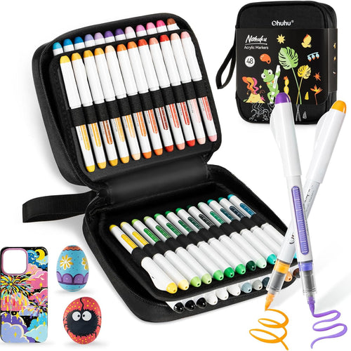 Ohuhu Acrylic Paint Markers Brush Tip: 48 Pack Automatic Ink Control Acrylic Markers High Opacity Paint Pens Water-Resistant Lightfast for Rock Painting 3D Prints Easter Eggs Wood DIY Crafts- Nahuku
