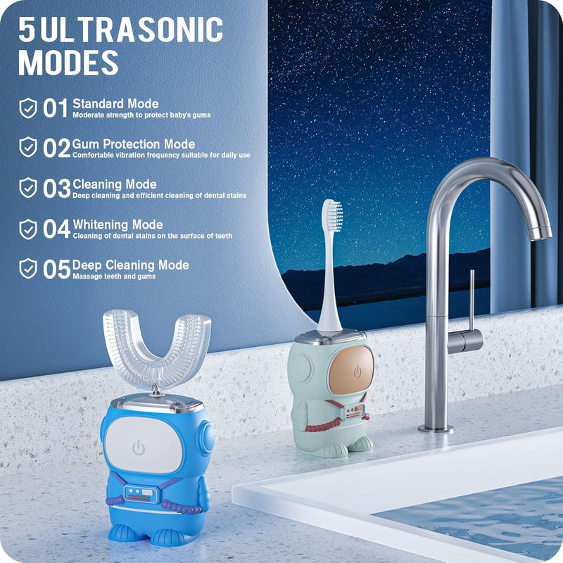 RexCodar Ultrasonic Kids Electric Toothbrush, IPX7 Waterproof, 5 Modes, Cartoon Astronaut, 60S Timer